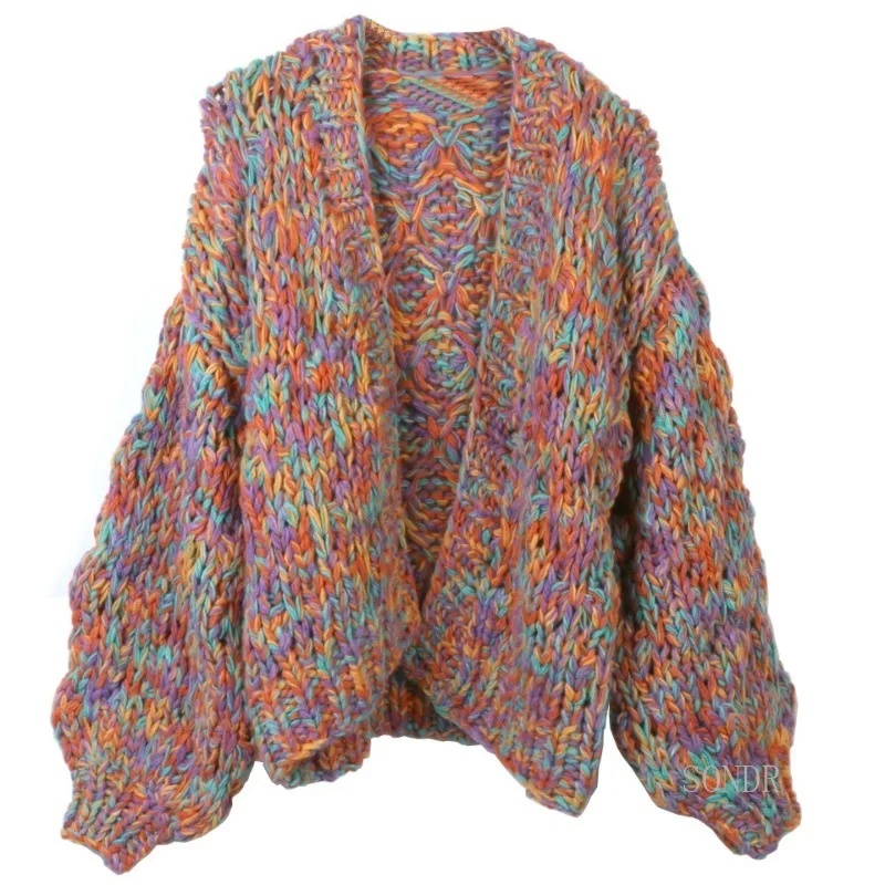 

Thick Oversized Cardigan Jacket Women Rainbow Colors Yarn Autumn Winter Sweater 2023 V-Neck Loose Lazy Knitted Cardigan Coat