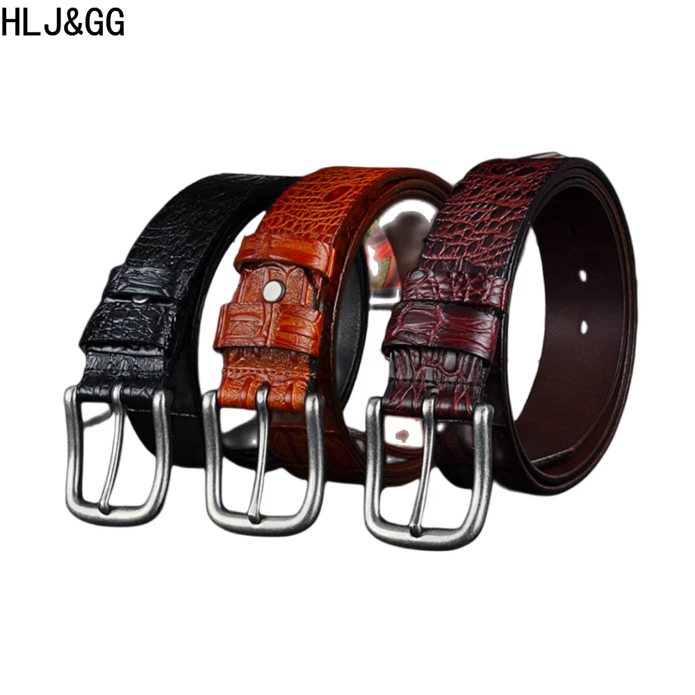HLJ&GG Classic Crocodile Pattern Belts for Man High End Business Split Leather Pin Buckle Belt Retro Male Versatile Waistband