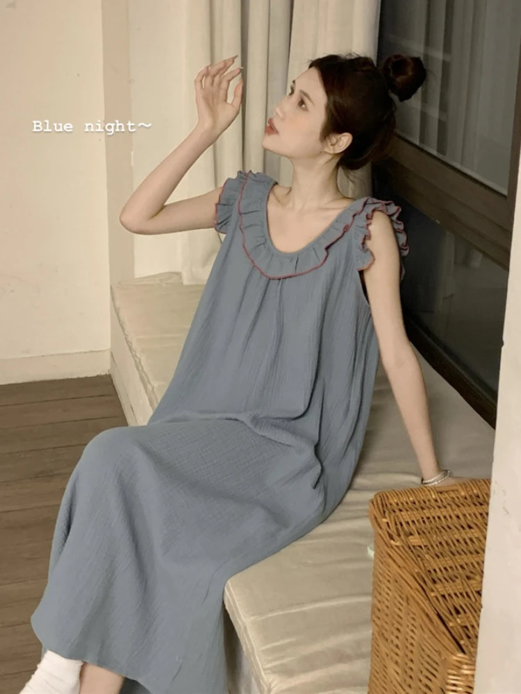 Sleeveless Nightgowns Women Sweet Ruffles Summer Ankle-length Sleepwear Fashion Korean Style Lounge Elegant Princess All-match