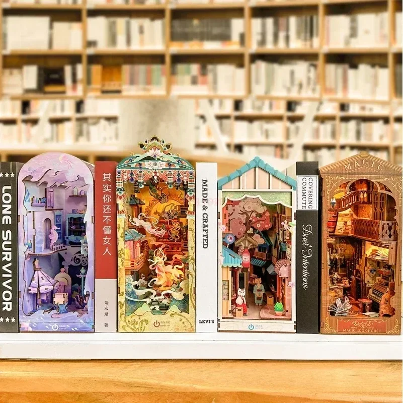 New Original Book Nook Diy Wooden Shelf Insert Kit Miniature Fairy Tale Town Bookshelf Forest House Dollhouse Bookend Toys Gifts