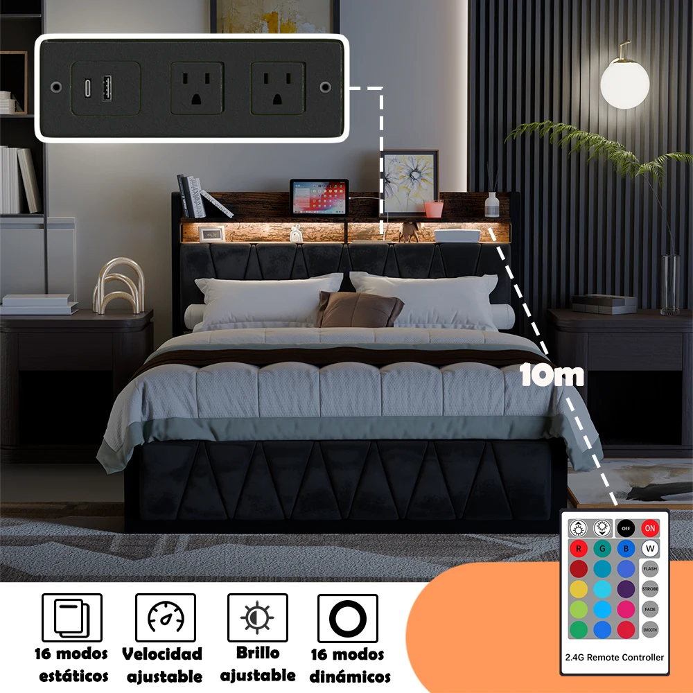 Base de Cama con Cabecero y Cajones, Somier de Madera para Colchón Matrimonial, Muebles para el Hogar