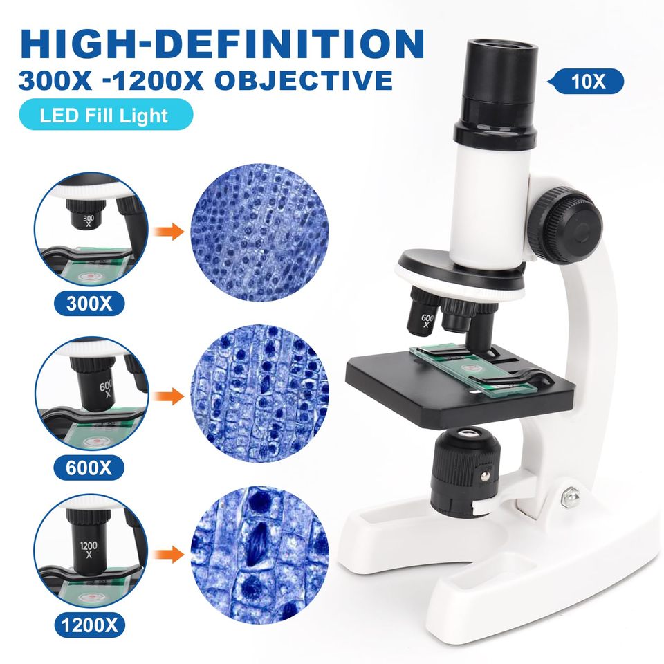 Microscope with 300-1200X Magnification, HD Optical System & Adjustable Color Filters,Ideal for Kids