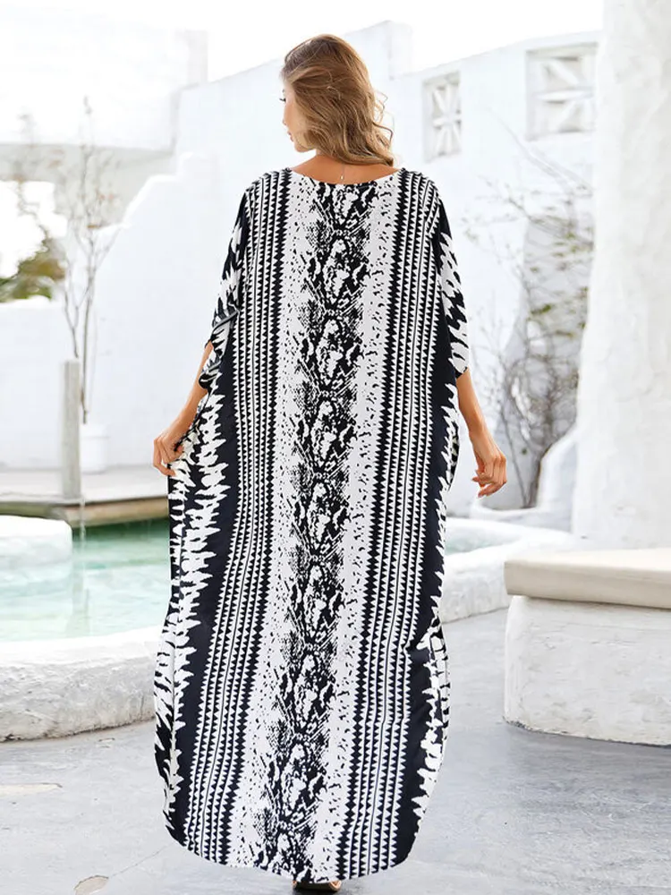 Bikini Cover-ups Retro Snake Printed Self Belted Women Summer Dress Tunic Plus Size Beach Wear Swim Suit Cover Up Q1227