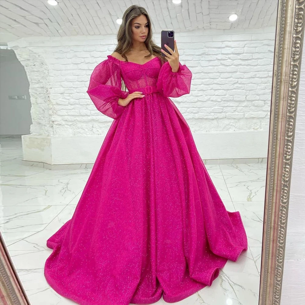 Ball Gown Evening Dresses Hot Pink 2022 V-neck Long Sleeve Glitter Tulle Party Prom Gowns Formal Evening Dress womens formal dresses