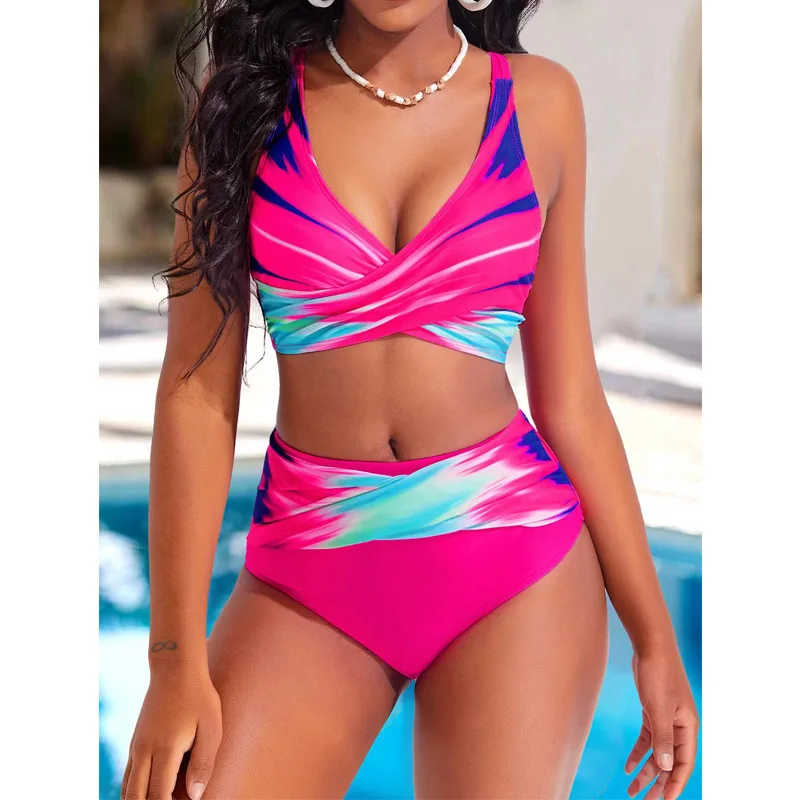 

2024 European American Swimsuit Suit Sexy Bikini Suit Batting Split Gradient Definitive Print Swimwear Bikini High Waist AD8286