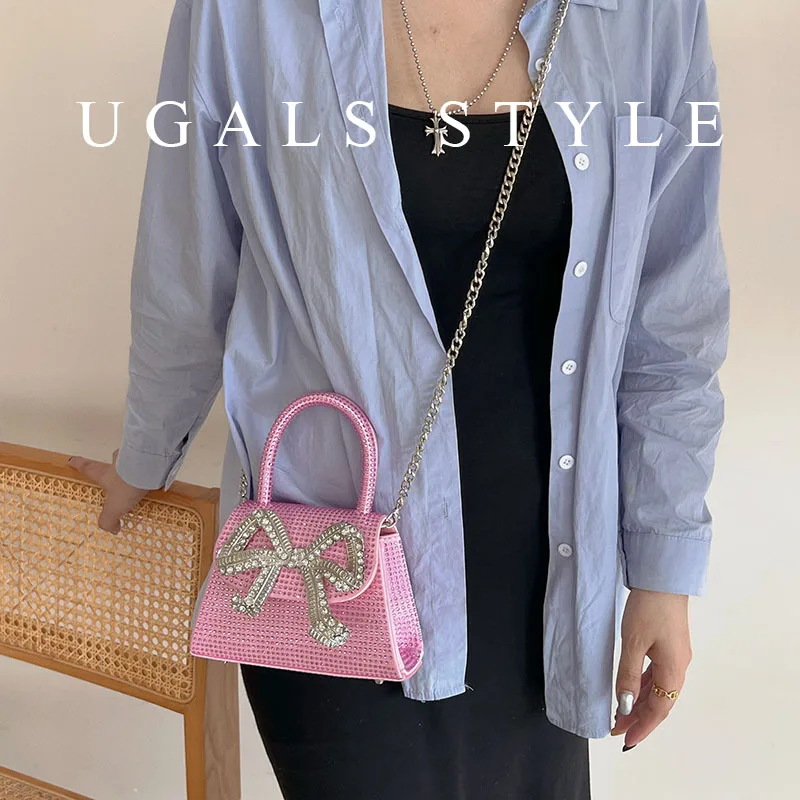 Borsa a tracolla con nodo a fiocco con strass brillanti glitterati Borsa a tracolla da donna con tracolla a catena Borsa da sera con pochette per festa di nozze_voghion.com
