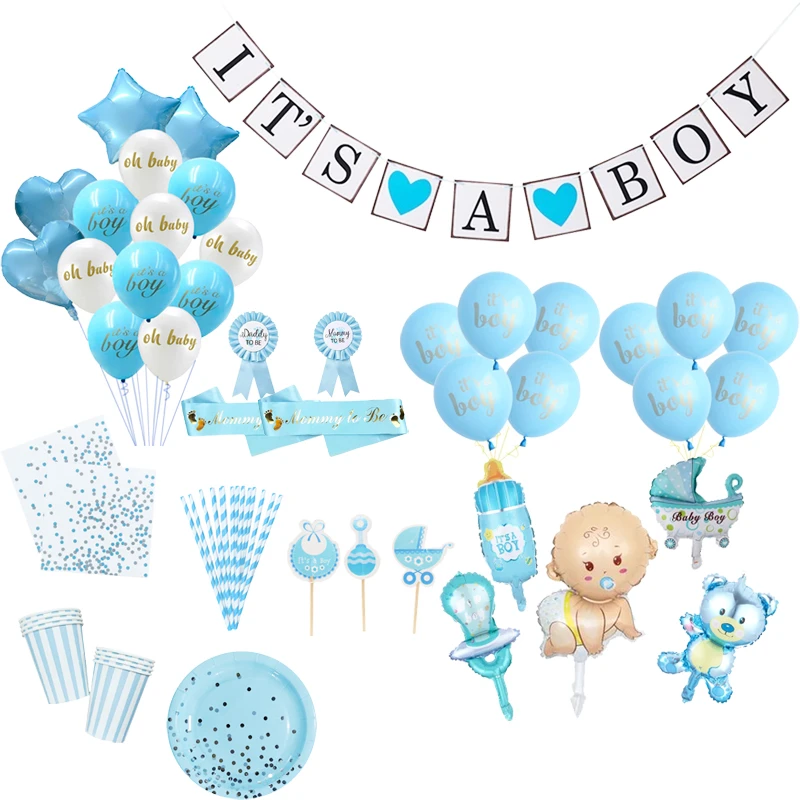 Baby Shower Balloons Boy Baby Set Disposable Tableware Paper Straws