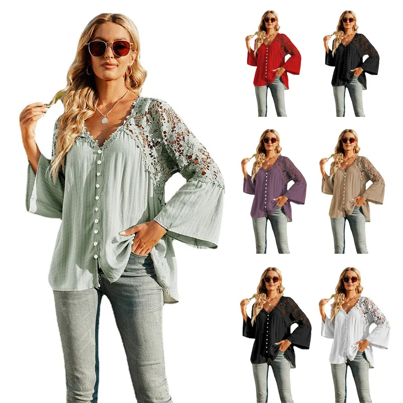 

Lace Blusas Summer Top Female Women Shirts Women's White Red Shirt Blouses Tops Flare Long Sleeve Chic Hollow Out Woman Blouse