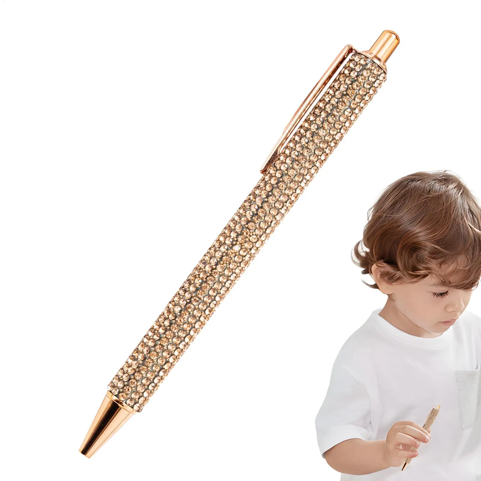 Kugelschreiber Perle Strass Kugelschreiber Einziehbare Tinte Strass Stift Luxus Strass Niedlich Roségold Metall Briefpapier – Detail 2