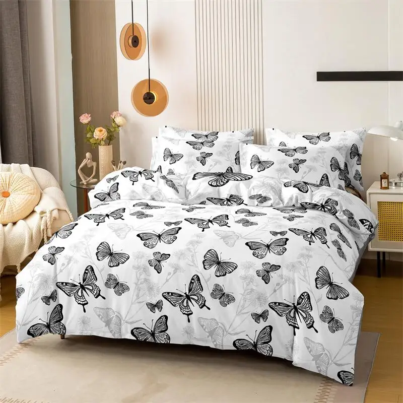 3 adet kelebek desenli fırçalanmış nevresim takımı kral boy yorgan kılıfı yastık kılıfı seti cilt dostu nefes alabilen yorgan kılıfı yastık kılıfları