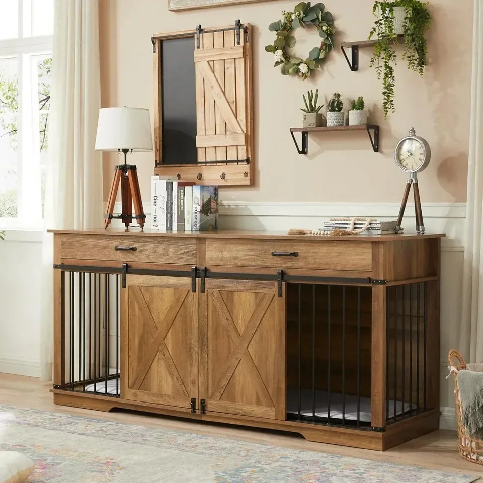 Extra Large Double Dog Crate Furniture with Drawers