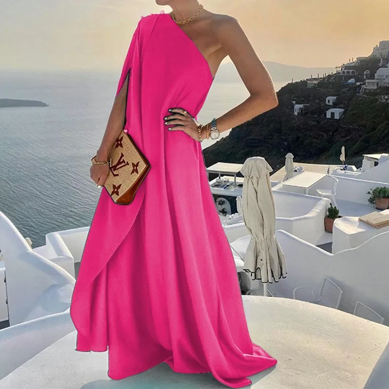 

Dress Women Elegant Summer Solid Feminino Casual Loose Single Shoulder Vestido Midi Ropa Mujer Abiti Eleganti Donna Da Cerimonia