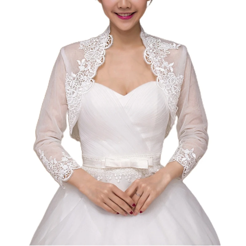 

E15E Women 3/4 Sleeve Wedding for Jacket Cape Floral Lace Trim Wrap Shrug Card