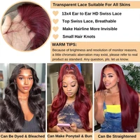 Perruque en cheveux humains 99J Bourgogne avec dentelle frontale HD 13x6, densité 250, cheveux brésiliens, 30 pouces, ondulés, colorés, pour femmes 4