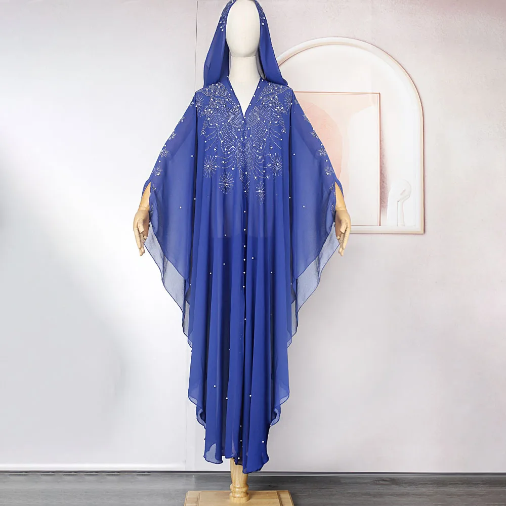 Muslim Hooed Kaftan For Women Dubai Abaya Arabian Islam Bat Sleeve Robe Rhinestone Pearl Shiny Dress Marocain Fashion Party Gown