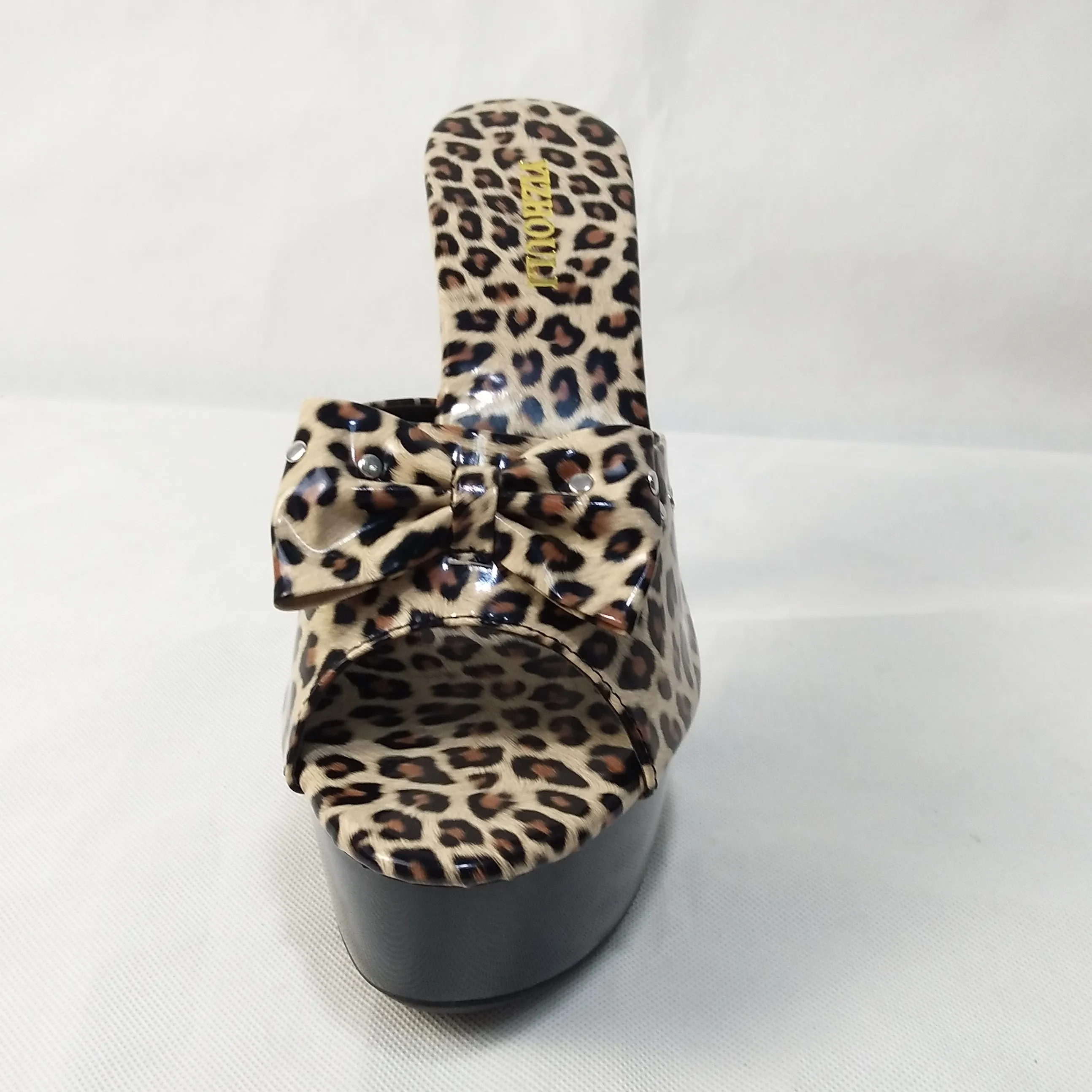 15cm high heels, bowknot decoration, banquet slippers on stage, leopard print PU materials, sexy dance shoes