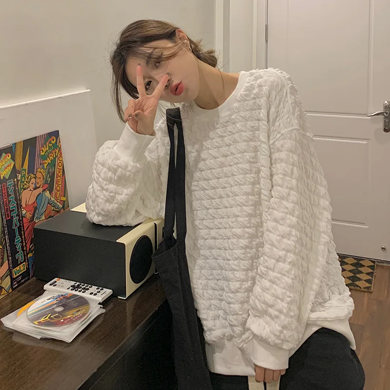 CGC Korean Fashion Loose Sweatshirts Women Autumn Winter Thicken Warm Hoodies Casual O-Neck Long Sleeve Female Pullovers Tops