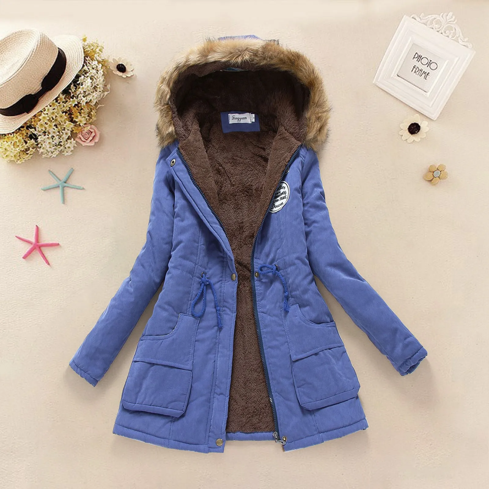 

Autumn Winter Women Fleece Jacket Padded Plush Thicken Slim Coat Emboridery Hooded Parkas Vantage Wadded Warm Overcoat Female