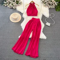Green/Black/Red 2026 New Summer Two Piece Set Women Sexy Strap Short Tops + High Waist Wide Leg Pants Female Suit New - Image 2