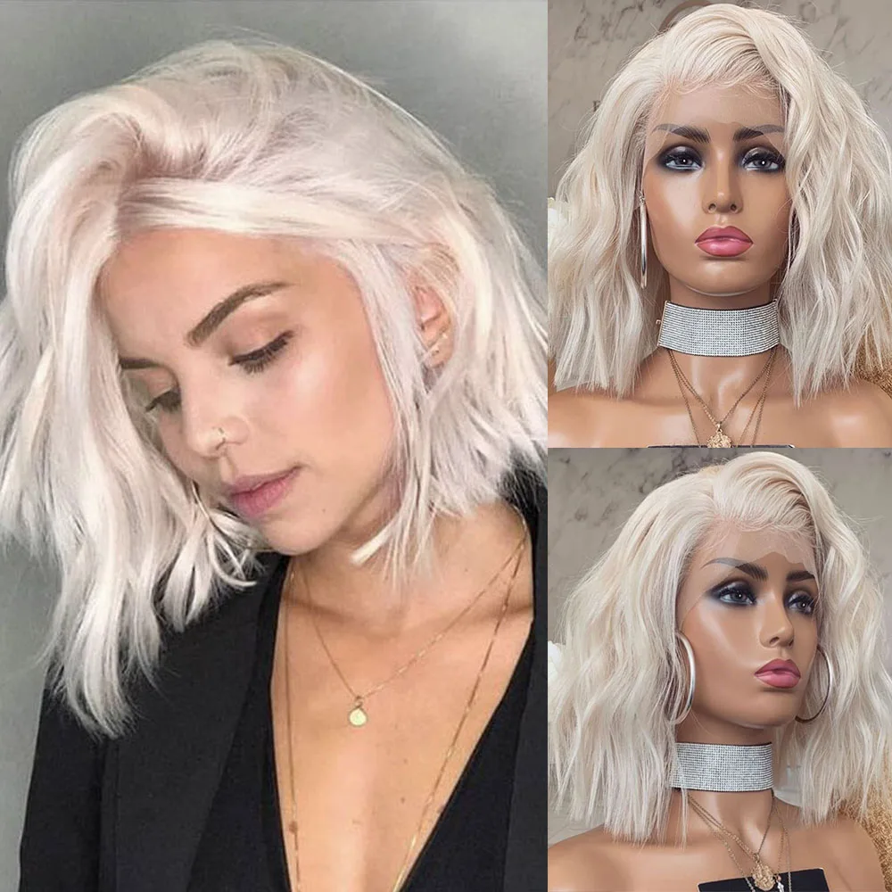 

RONGDUOYI White Blonde Natural Wave Synthetic Wigs Short Hair Shoulder Length Lace Front Wig Heat Fiber Daily Cosplay Women Wear