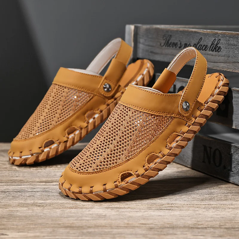 

Men's Summer Sandals Mesh Men Handmade Sandals Breathable Non-slip Peep Toe Casual Sewing Thread Shoes Outdoor Beach Shoes