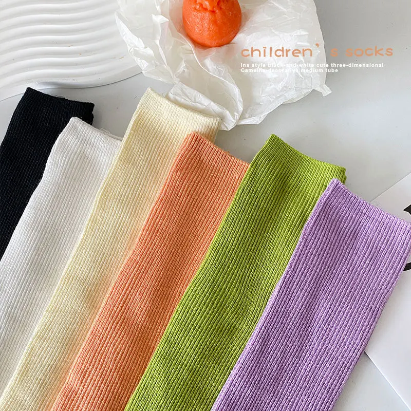 Kids Candy Color Knit Stockings Solid Color Stripe Breathable Cotton Knee High Socks for Girls Middle Tube Socks Free Size 30cm