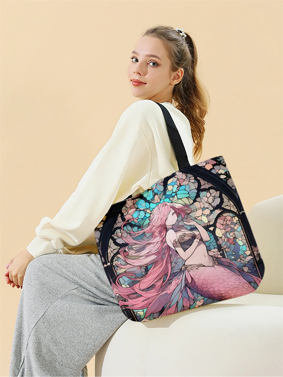 1pc,mermaid handbag, reusable fashionable handbag, multifunctional handbag, printed canvas shopping bag