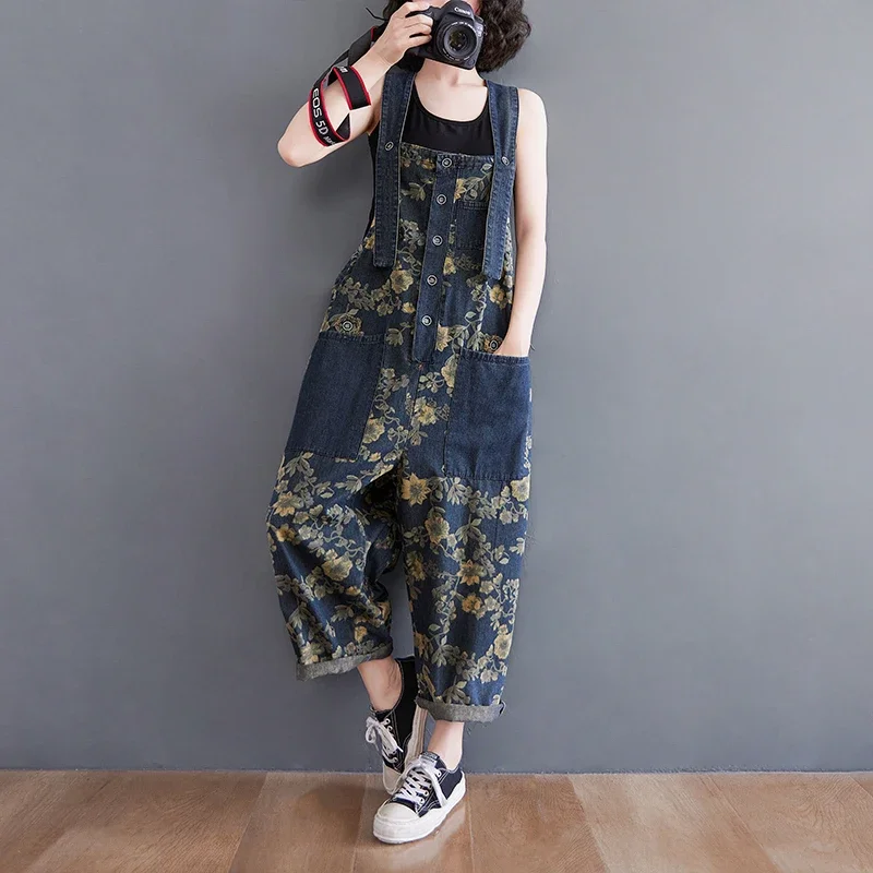 

Spring Print Floral Denim Jumpsuit Women Vintage Streetwear Oversized Dungarees Loose Wide Leg Overalls Straps Baggy Pants ZL525