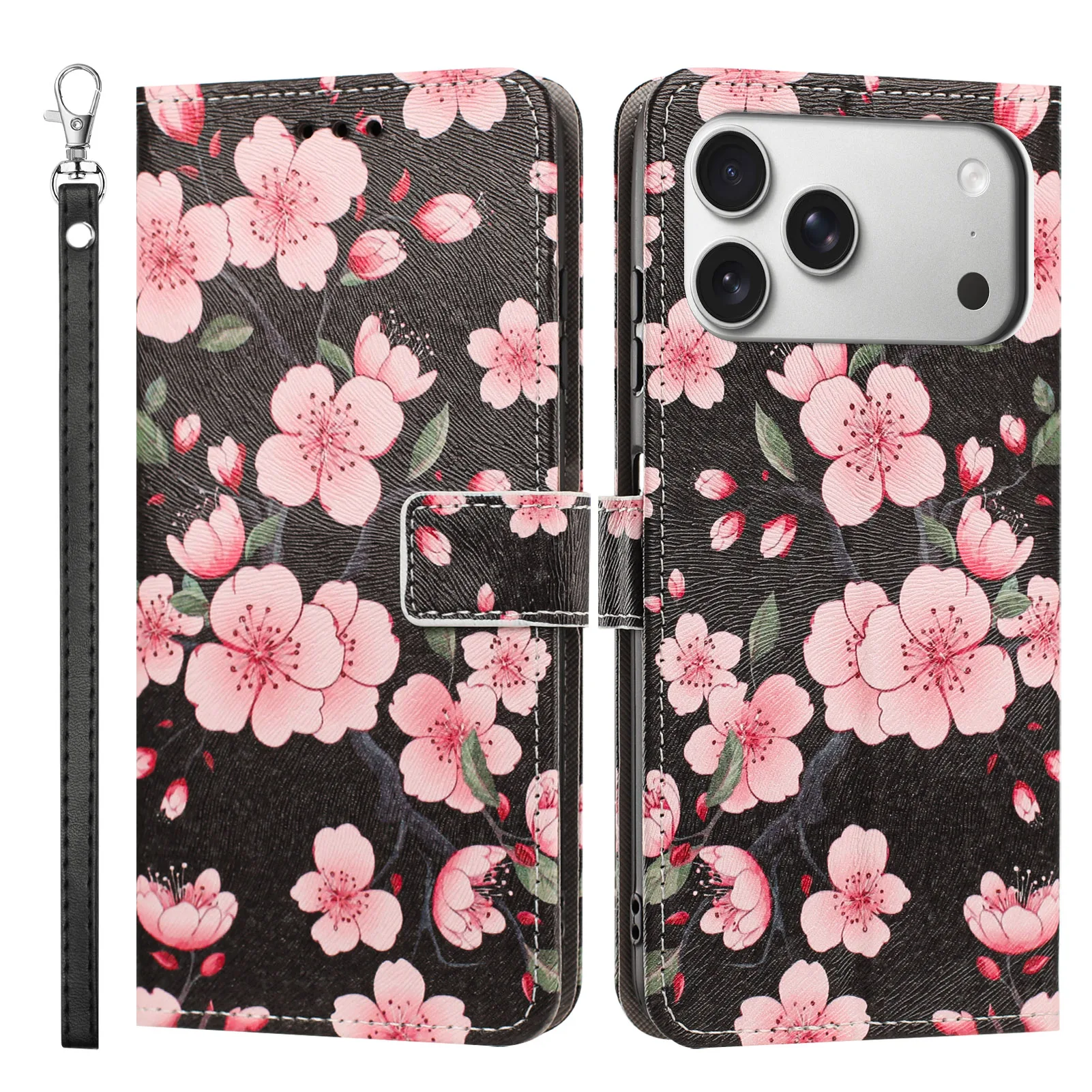 3D Flower Leather Flip Phone Case with Strap