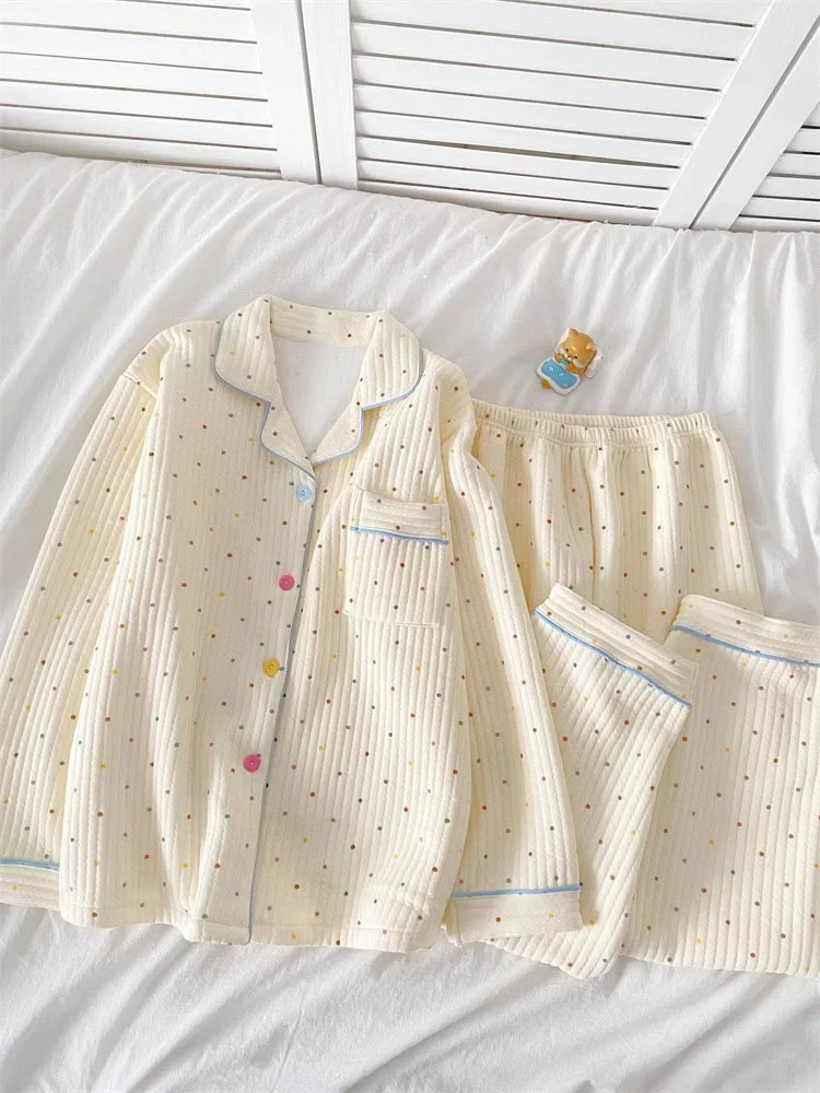 Autumn Winter Polka Dot Plus-size Long-Sleeved Sleepwear Set For Women Korean Air Cotton Casual Loose Warm Girls Home Clothes