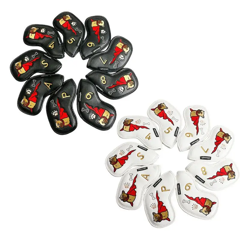 

Golf Headcover 9pcs Driver Head Cover Dog Funny French Fighting Dog Pattern Golf Iron Cover PU Leather Wooden Putter Cover