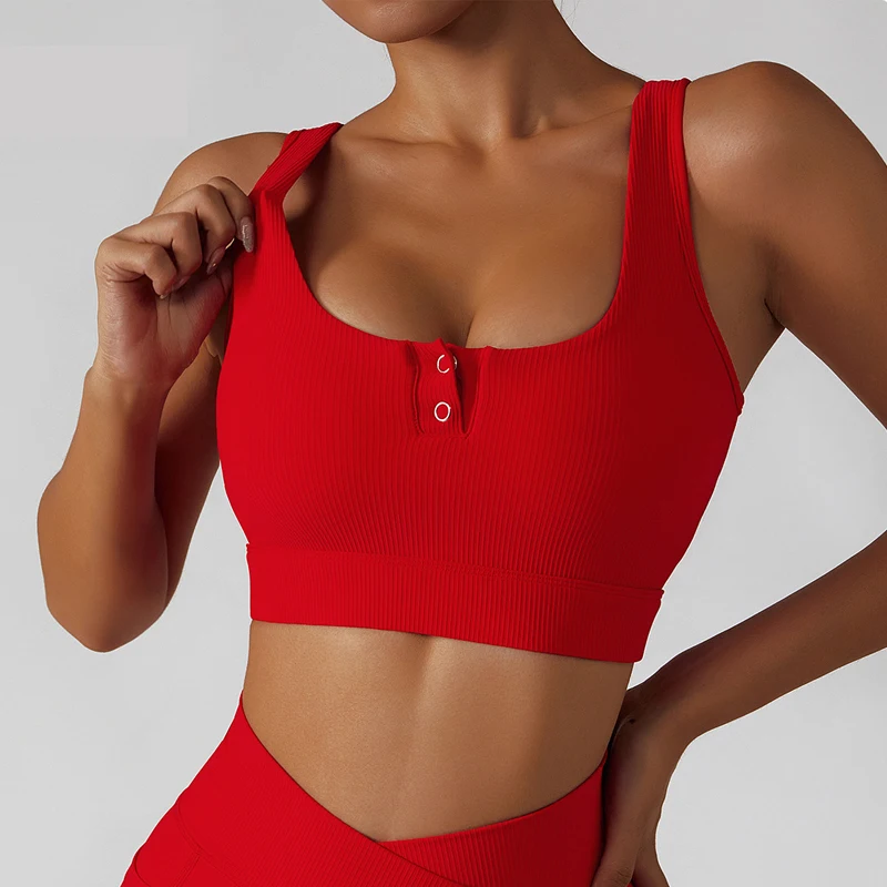 

High Impact Yoga Bra Women Square Neck Ribbed Fabric Fitness Running Cropped Top Breathable Workout Gym Vest With Chest Pads