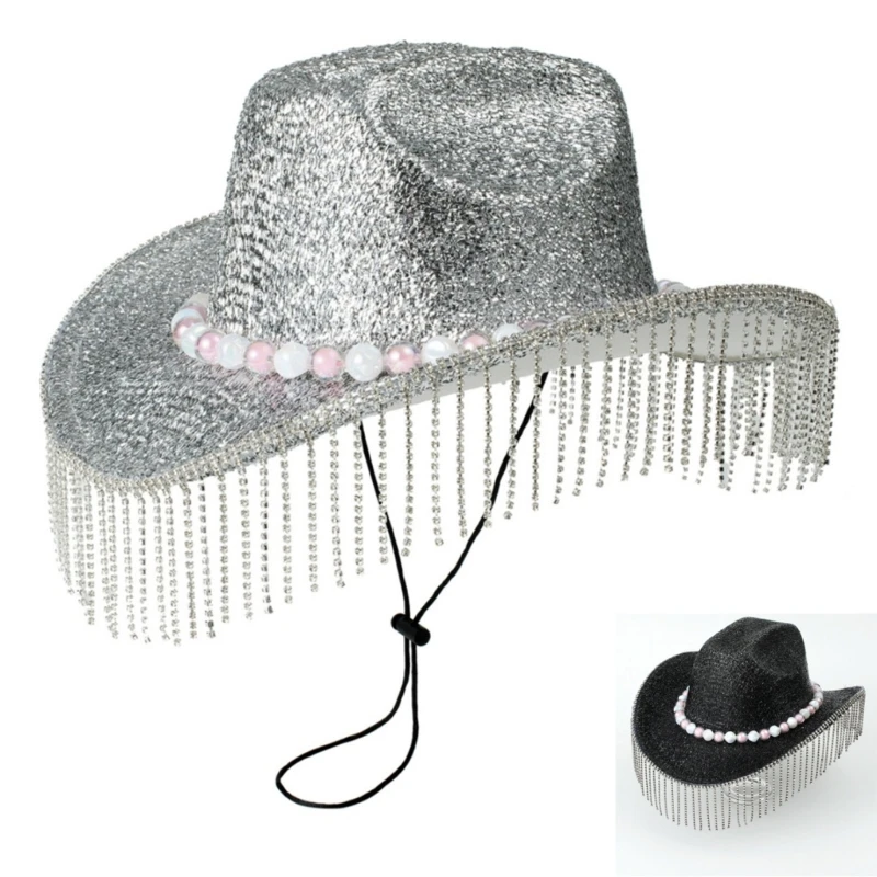 

Heavy Diamond Cowboy Hats Tassels Glittered Hat for Disco House Cocktails Parties Vacation Tassels for Comedian