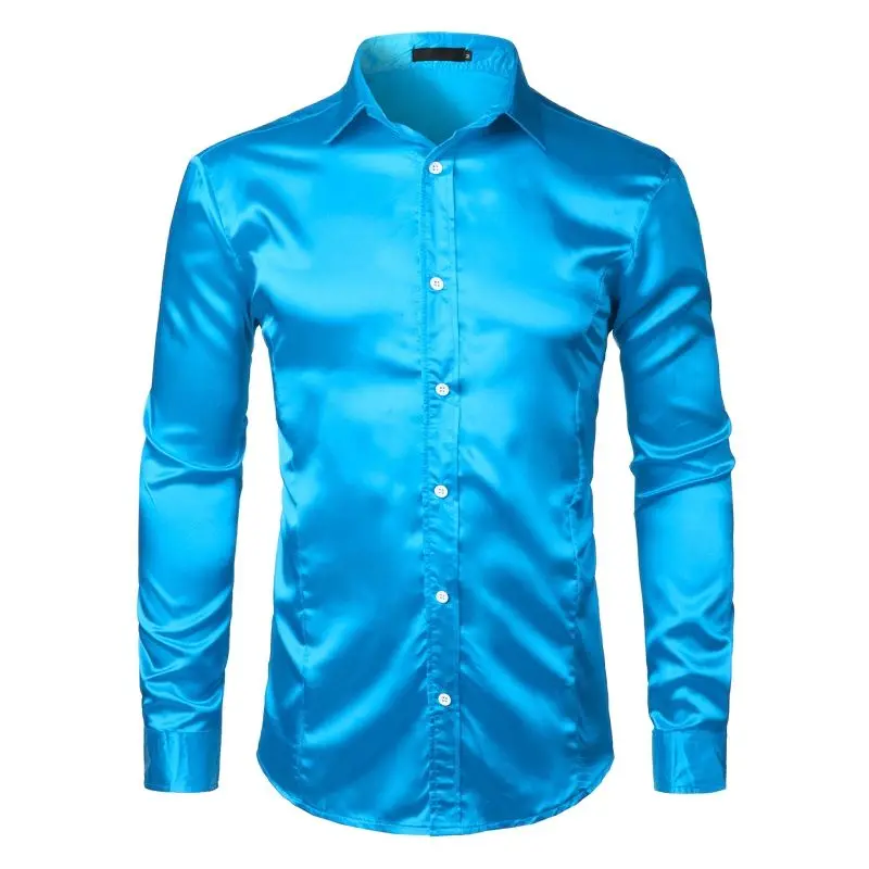 Silk Satin Shirt Men Autumn Long Sleeve Mens Dress Shirts Shiny Smooth Solid Color Camisa Masculina Slim Fit Mariage Chemise XXL men brand long sleeve shirt floral male blouse casual shirts summer autumn shirts men top clothes camisa masculina