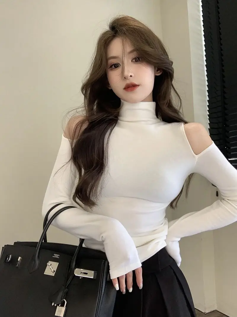 Turtleneck T-shirts Women Slim Long Sleeve Designed Sexy Autumn Tops Elegant Office Lady Sweet Temper All-match Popular Korean