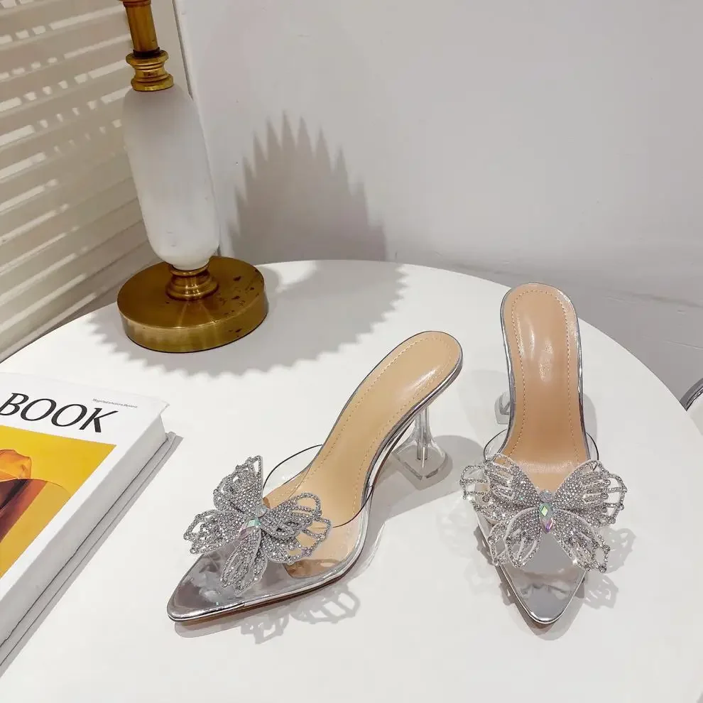 

Прозрачные тапочки из ПВХ для женщин, модная женская обувь с бантом, летние туфли с острым носком, женская обувь для выпускного вечера