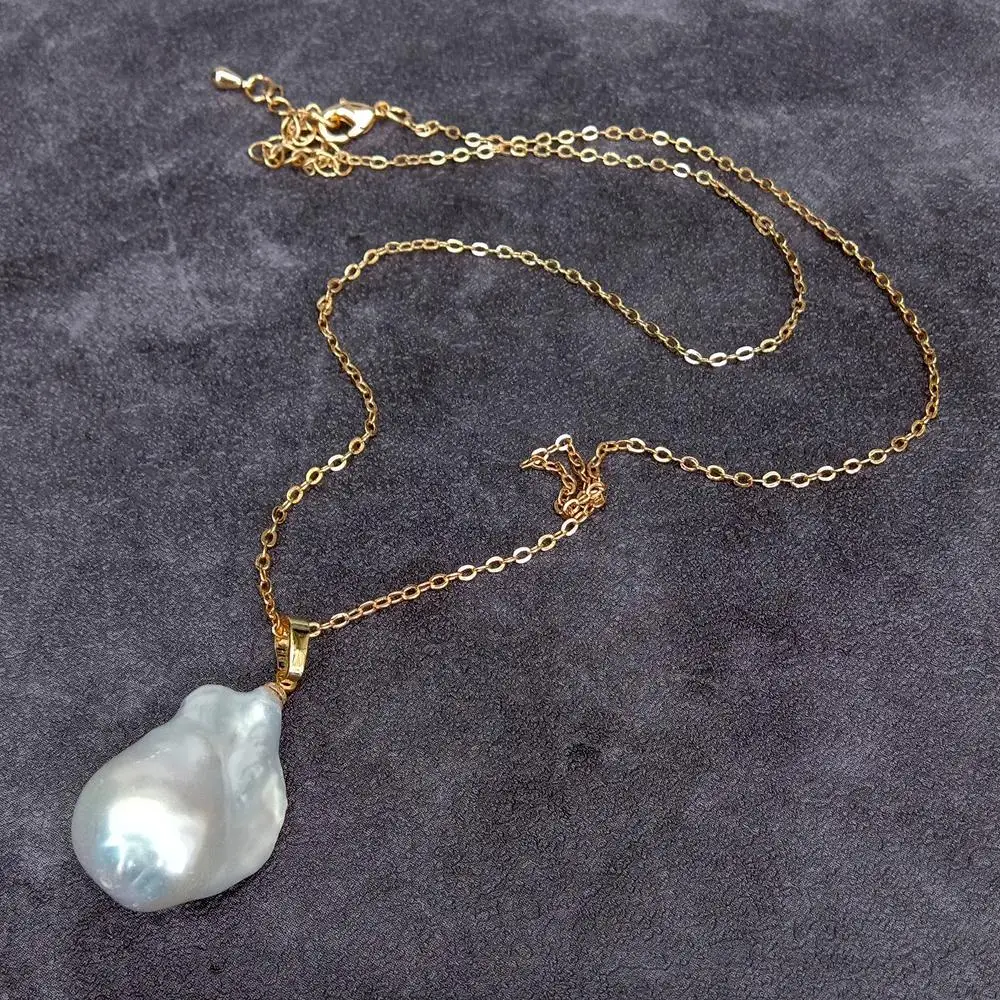 YYGEM 15x23mm Cultured White Baroque Pearl Gold Plated Chain Choker Necklace Women Jewelry