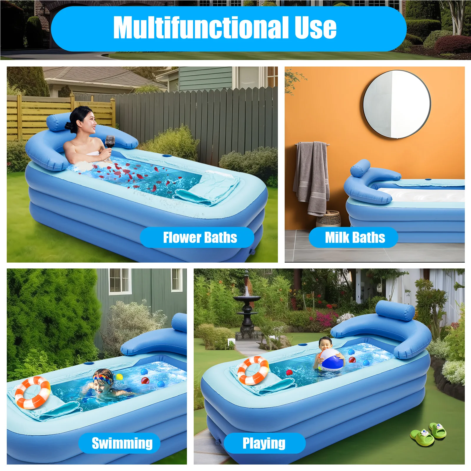 Foldable Inflatable BathTub Travel Blue/Pink Bath Tub for Adults Large Tub Spa 1.6m Home Swimming Pool Application (PVC) portable ice bath tub