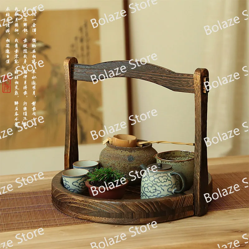 

Paulownia Wood Tea Tray Solid Wood Vintage Basket Fruit Tray Hotel Homestay Round Tray with Handle Tea Ceremony