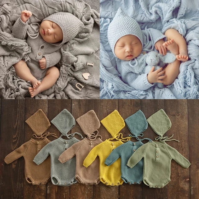 Ropa de bebé de 0 a 1 meses, accesorios de fotografía para recién nacido,  sombrero + disfraz de punto de colores sólidos, mono de invierno,  accesorios para sesión de fotos infantil - AliExpress