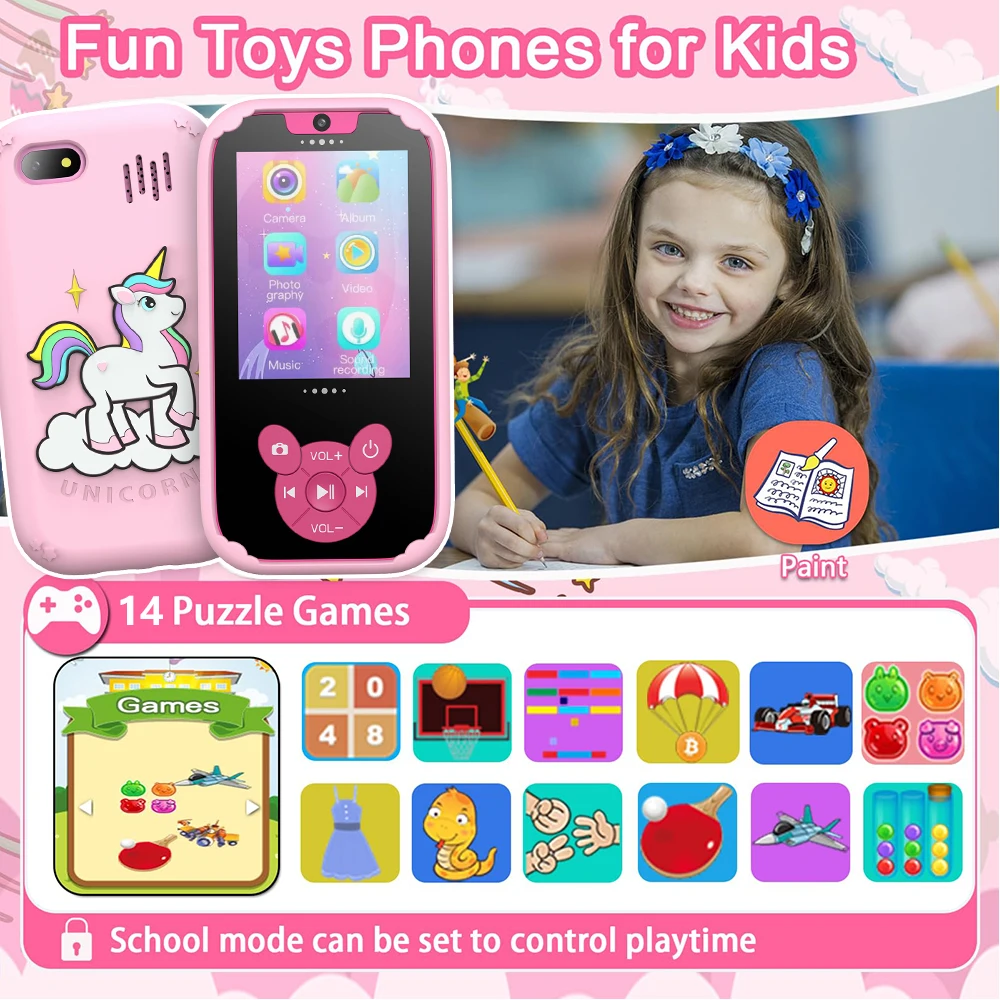 Kids Smart Phone Toys 2.8” Touchscreen Toddler Learning Puzzle Game Music Palyer for Girls Boys Age 3-10 Baby Toys Birthday Gift 5