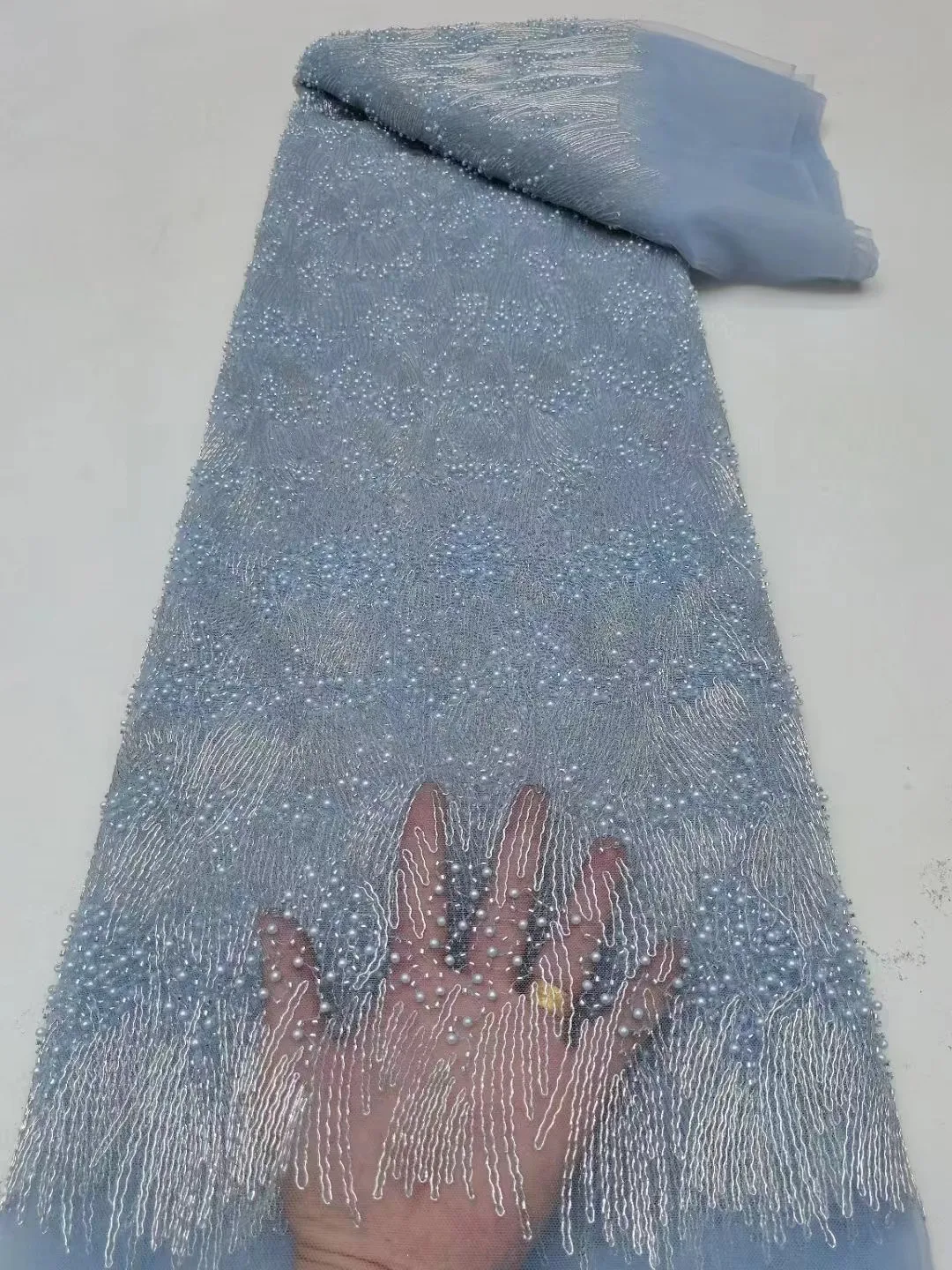 

Luxury African Heavy Beaded Lace Fabric 2023 High Quality 5 Yards Nigerian Sequins Tulle 3D Fabric Material For Wedding