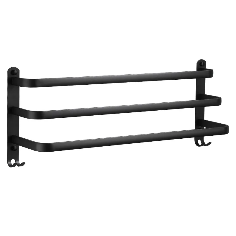 Bathroom Towel Rack 30-60CM Wall Mounted Shower Room Holder Kitchen Aluminum Multilayer Layer Wiht Hook Black Hanger Accessories