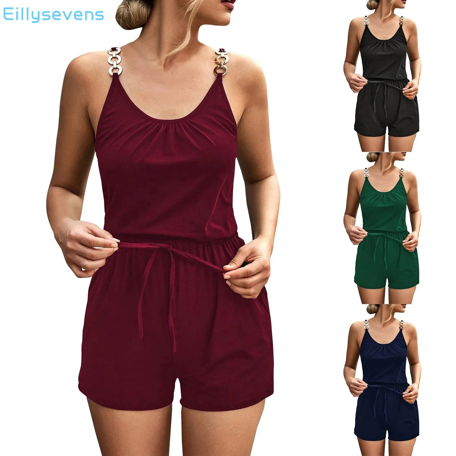 

Women's jumpsuit retro fashion pleated jumpsuits spliced with metal suspenders sexy summer suit Overalls Daily ropa de mujer