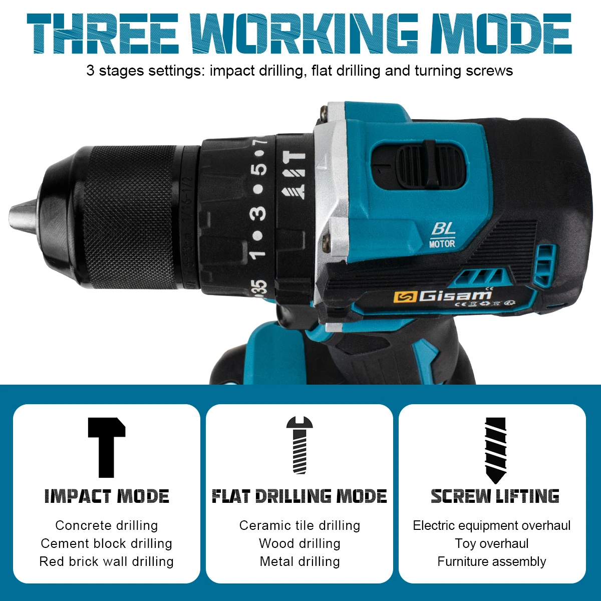 Gisam 65N.m 13MM 35+3 Torque Brushless Electric Impact Drill Cordless Electric Screwdriver DIY Power Tool For Makita 18V Battery 6