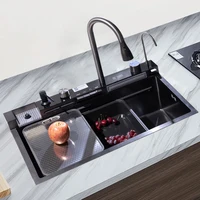 304 Stainless Steel Kitchen Sink Double Waterfall Single Slot Integrated Digital Display Faucet Set Soap dispenser Cup Washer 2