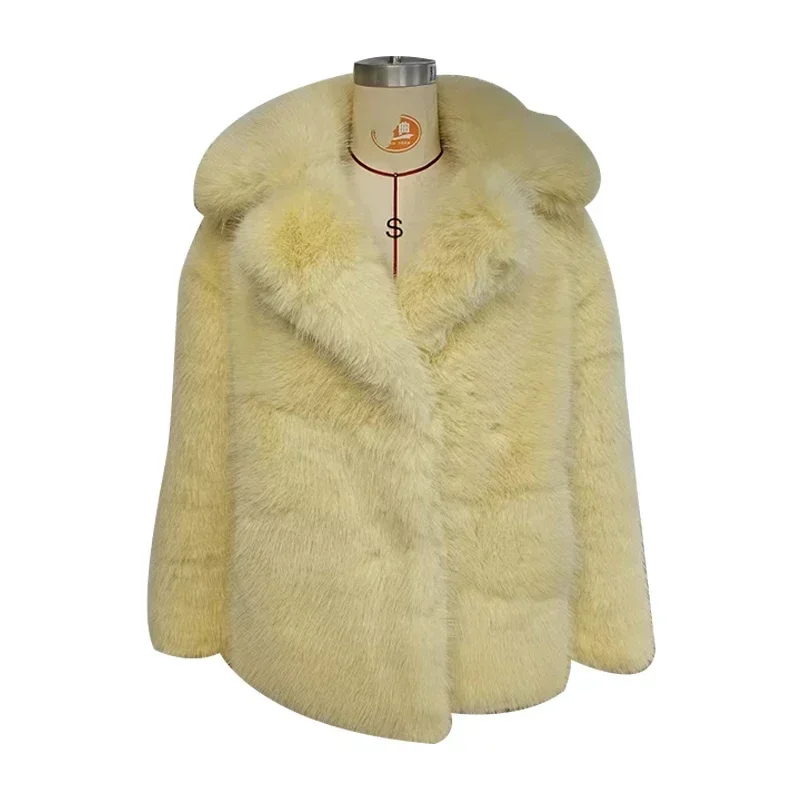 Fashion Faux Fur Jacket Coat Women Warm Fluffy Loose Long Sleeve Lapel Female Overcoat Winter Yellow Lady Street Outwear