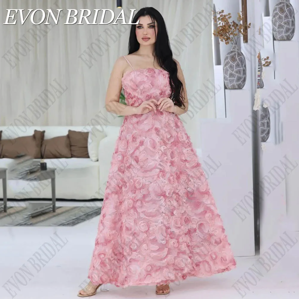 

JEHETH Pink Floral A line Prom Dresses Saudi Arabic Spaghetti Straps Backless Boat Neck Evening Formal Occasion فساتين الحفلات