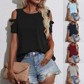 Summer new off-the-shoulder round neck short sleeve loose top T-shirt woman 1