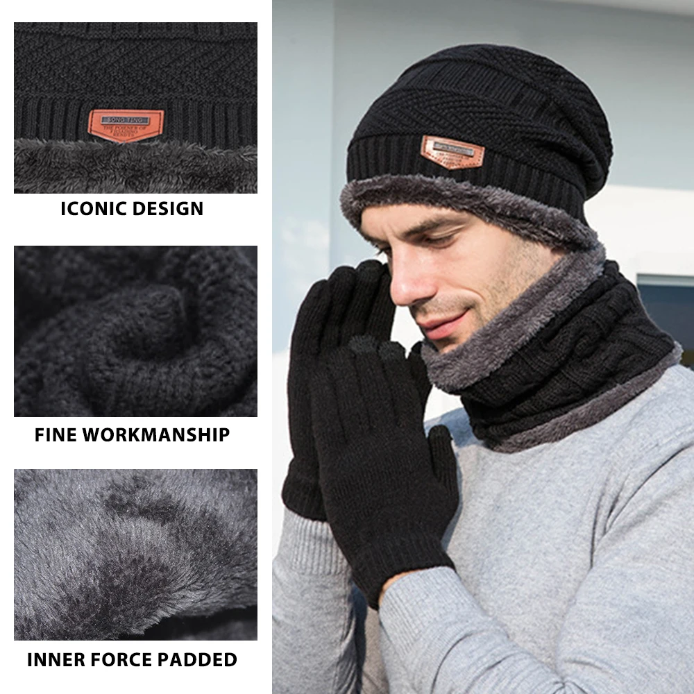3Pcs Men's Hat Scarf Gloves Set Warm Beanie Fleece Lining Scarf Touchscreen Gloves Fashion Winter Knitted Mittens for Men Women winter hat,winter accessories,knitted hat scarf set